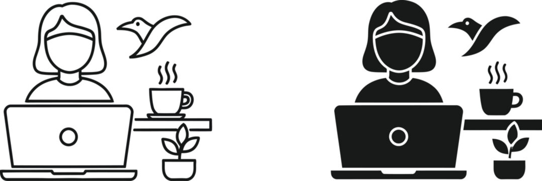 Remote work setup with laptop coffee and plant line and solid icons