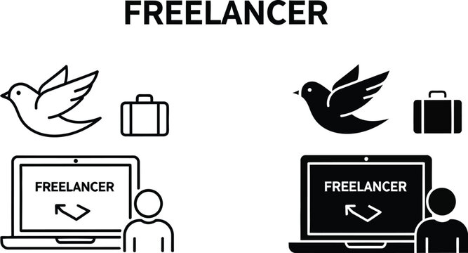 Freelancer concept icons bird briefcase laptop and person silhouette set