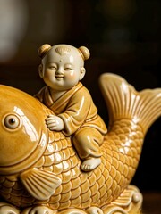 Naklejka premium Close-Up of Traditional Chinese Ceramic Figurine of Child Riding Golden Carp, Symbol of Good Fortune