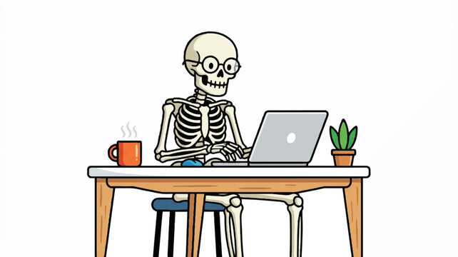 A cartoon skeleton sitting at a desk working on a laptop with a coffee cup and plant on a white background.