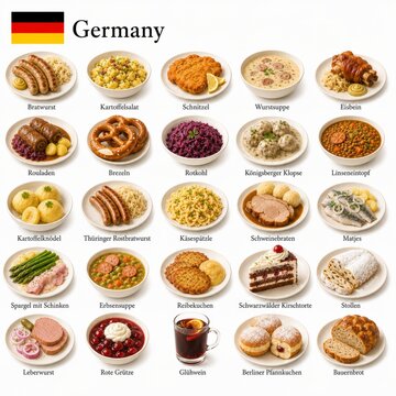 En la imagen se presentan los platos m&aacute;s famosos de la cocina alemana como bratwurst, schnitzel, pretzel y kartoffelsalat, destacando sabores cl&aacute;sicos y recetas tradicionales de Alemania.
