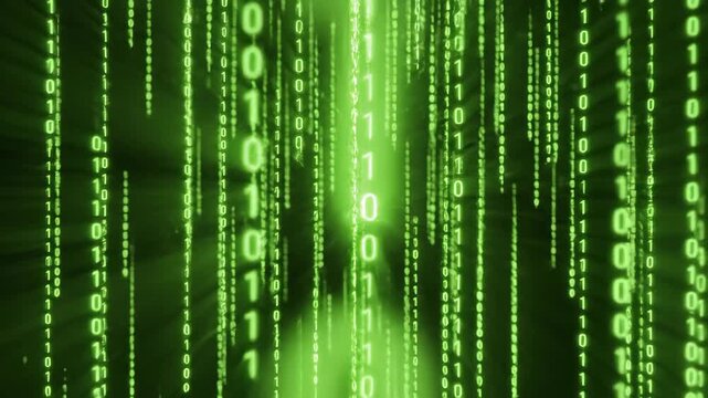 Digital matrix code rain with glowing green binary data stream. Perfect for technology, cybersecurity, hacking, and futuristic computing themes, showcasing glowing code particles, network signals