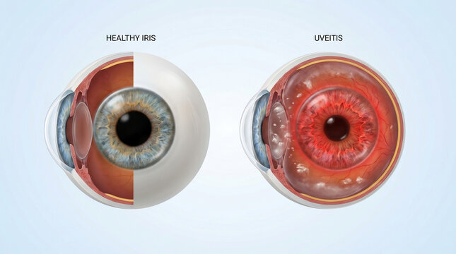 Uveitis Eye Inflammation and Healthy Iris Anatomy Comparison