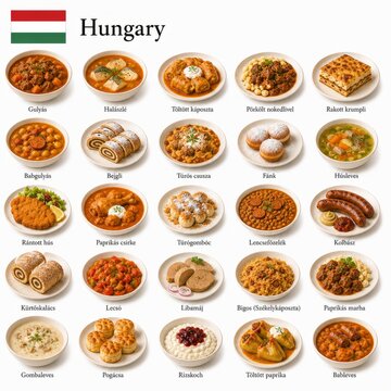  En la imagen se presentan los platos m&aacute;s famosos de la cocina h&uacute;ngara como gulash, langos, chicken paprikash y dobos torta, reflejando sabores ricos y recetas tradicionales de Hungr&iacute;a.

