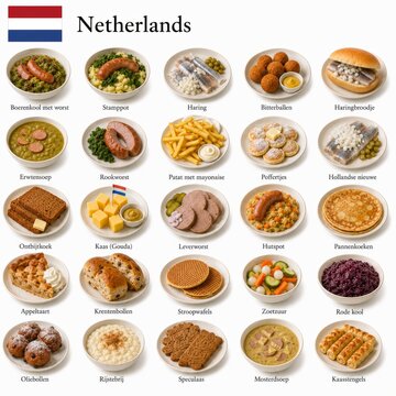 En la imagen se presentan los platos m&aacute;s famosos de la cocina neerlandesa como stroopwafel, bitterballen, stamppot y arenque, representando sabores cl&aacute;sicos de los Pa&iacute;ses Bajos.
