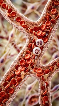 Microscopic view of red blood cells flowing through a capillary vessel.