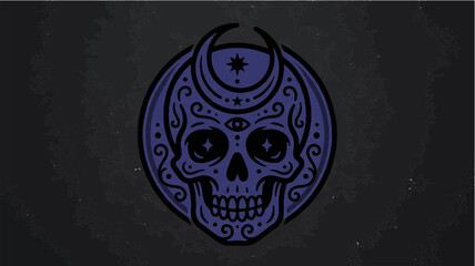 Fototapeta premium Illustration of a sugar skull with blue swirls and crescent moon on a dark background.