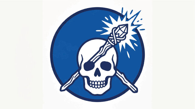Graphic illustration of a white skull with crossed swords on a blue circle background.
