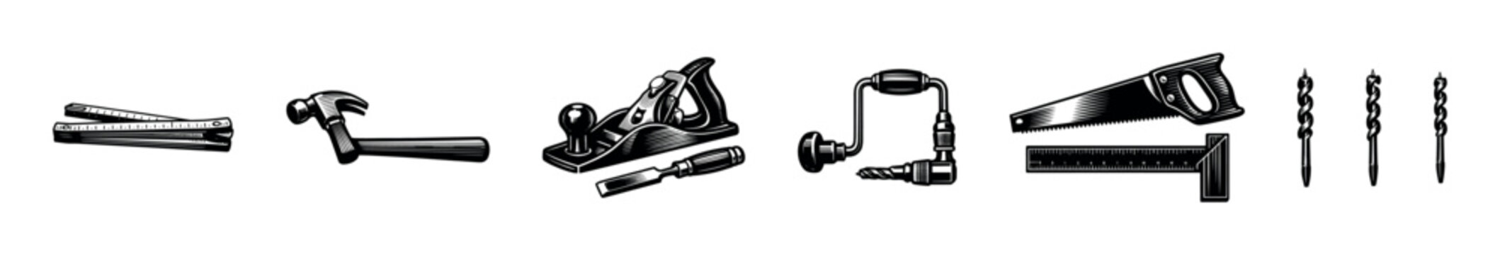 Vintage hand tool set, woodworking tools, vector illustration, black and white, clipart elements