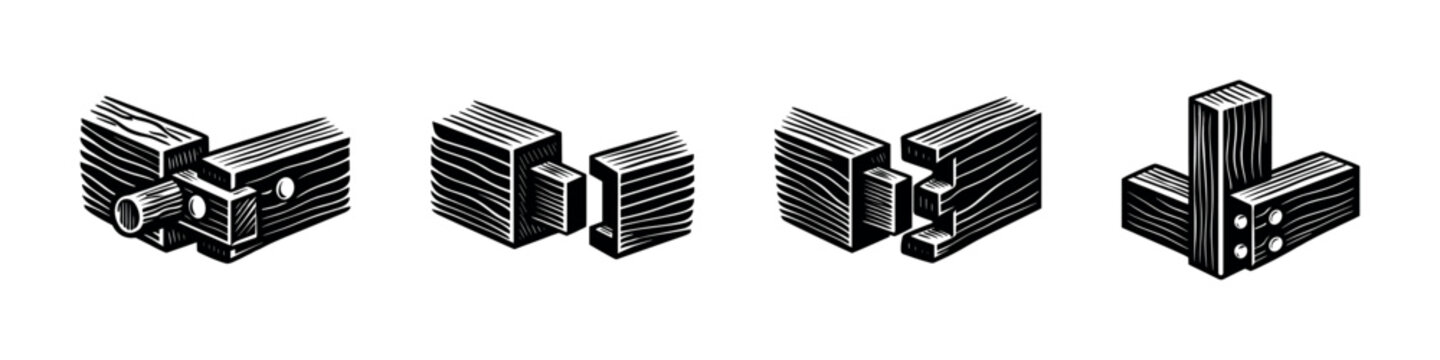 Set of detailed wood joinery techniques illustrations in black and white vector style