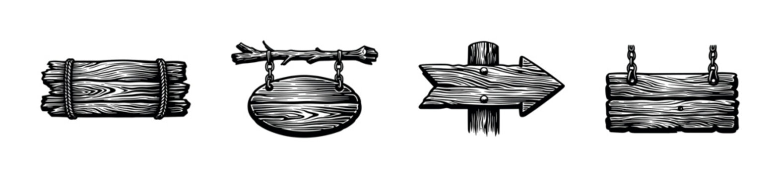 Rustic wooden sign collection, vector illustration, black and white silhouette, direction and hanging boards