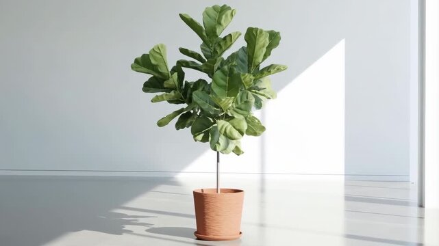 Timelapse of sunlight and shadows on a fiddle-leaf fig plant in a minimalist room
