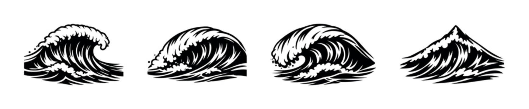 Black and white ocean wave silhouettes, set of four wave illustrations, nautical elements