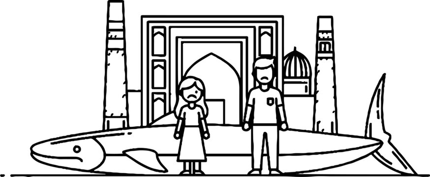 Sad couple with mosque architecture and large fish