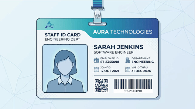 Close-up of a software engineer's staff ID card with a woman's silhouette on a clean white background.