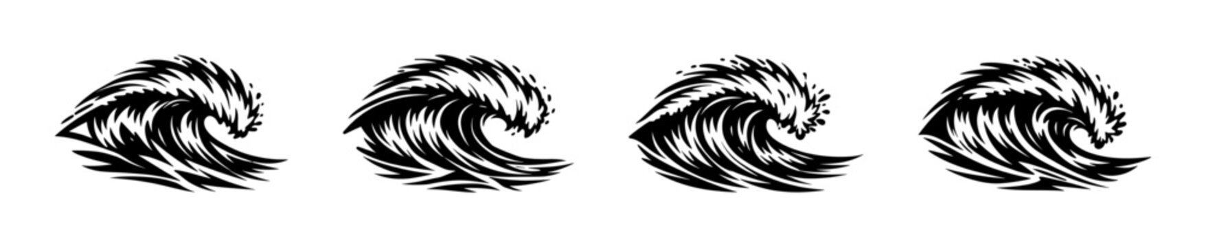 Dynamic ocean wave silhouette illustrations set, wave elements, black and white vector clipart