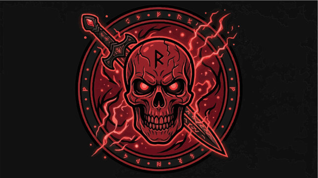 Close-up of a red skull logo with lightning bolts and a dagger on a black background.