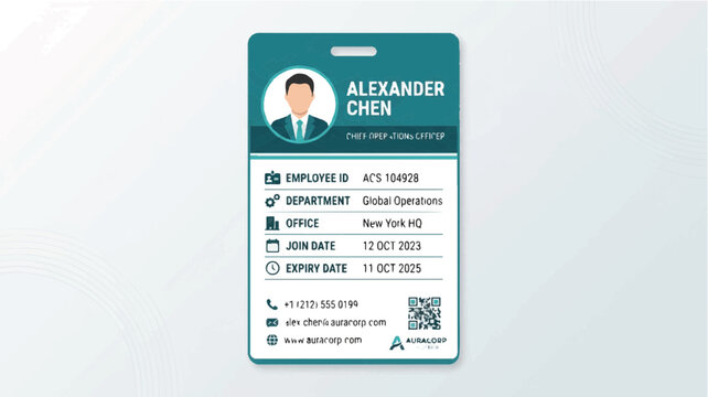 Close-up of a company employee ID card with a teal background and white text.