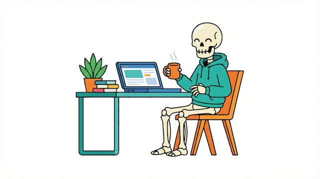 A skeleton in a teal hoodie sits at a desk with a laptop and coffee cup on a white background with a plant.