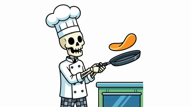 Cartoon skeleton chef tossing food in a frying pan near an oven with a playful tone.