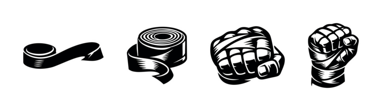 Boxing tape and fist vector illustrations set, silhouette style, black and white clipart elements
