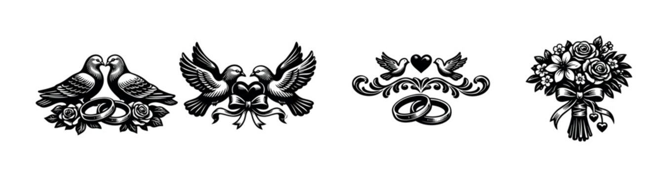 Black and white wedding symbols with doves rings and floral bouquets vector illustration