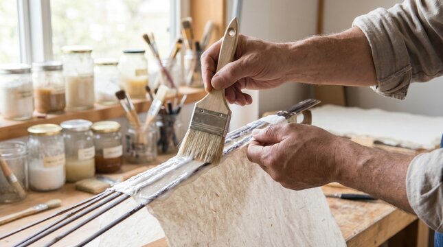 Craftsman applying white glue with a brush to a traditional bamboo and paper kite frame in a workshop