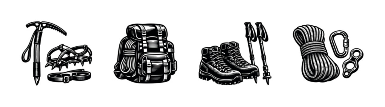 Mountain climbing equipment set illustration featuring backpack ice axe boots rope black and white vector