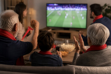 Fototapeta premium A multi-generational family cheers and claps while watching a soccer match on television together in a living room at night with snacks on the table.