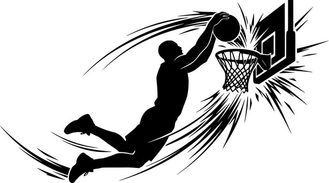 Silhouette of basketball player dunking ball into hoop with motion lines Vector isolated on white background
