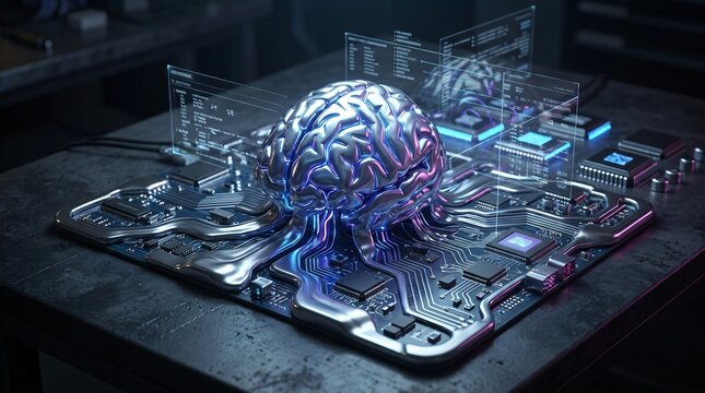 Cybernetic brain model rests on a metallic surface integrated with.