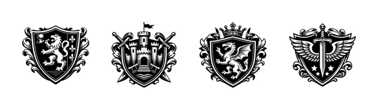 Collection of heraldic shields featuring castle dragon lion sword symbols black and white vector illustrations