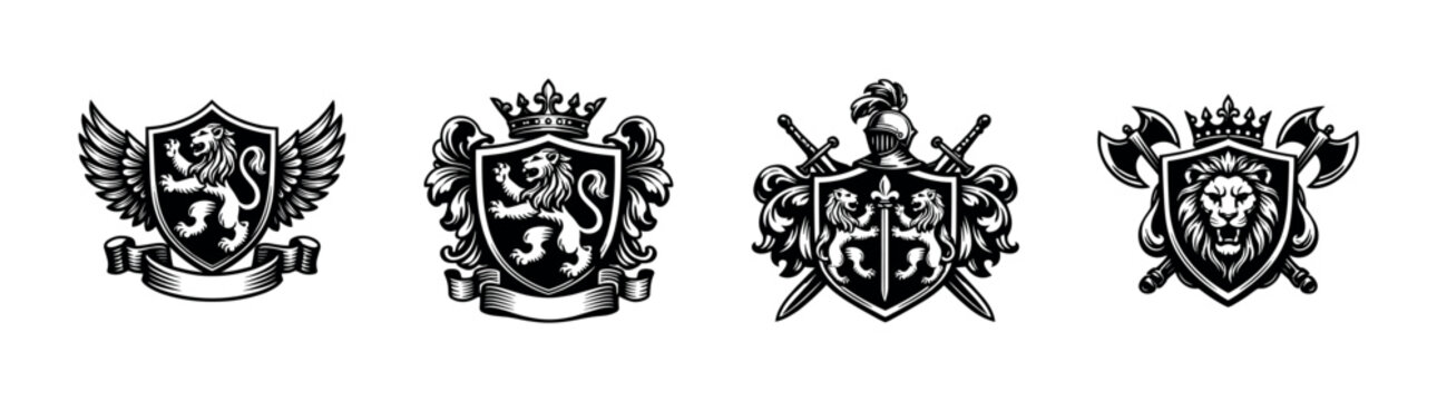 Heraldic crests with lions and medieval weapons black and white vector elements illustration