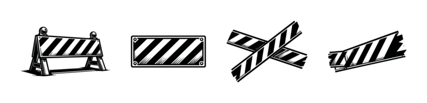 Black and white vector of construction barricades and caution tape illustrations