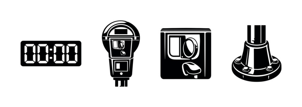 Vector illustrations of parking meter, photo booth, digital clock, and pipe base, black and white silhouettes
