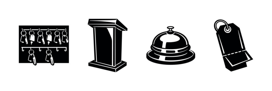 Black and white vector illustrations of hotel elements including podium bell key tag and key rack