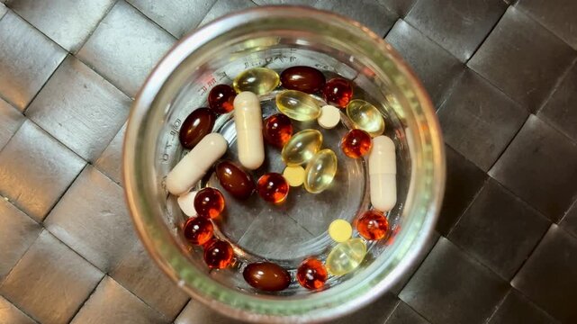 Omega capsules in glass jar on black mat, closeup still life showing amber softgels and white capsules pooled at jar base