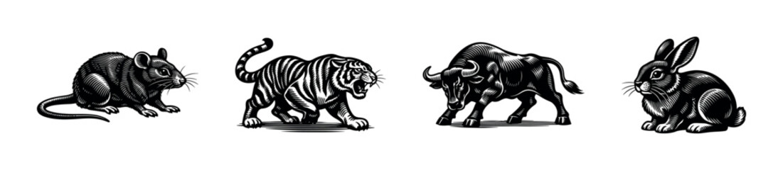 Fototapeta premium Vintage style black and white animal illustrations of mouse bull tiger and rabbit silhouette vector clipart