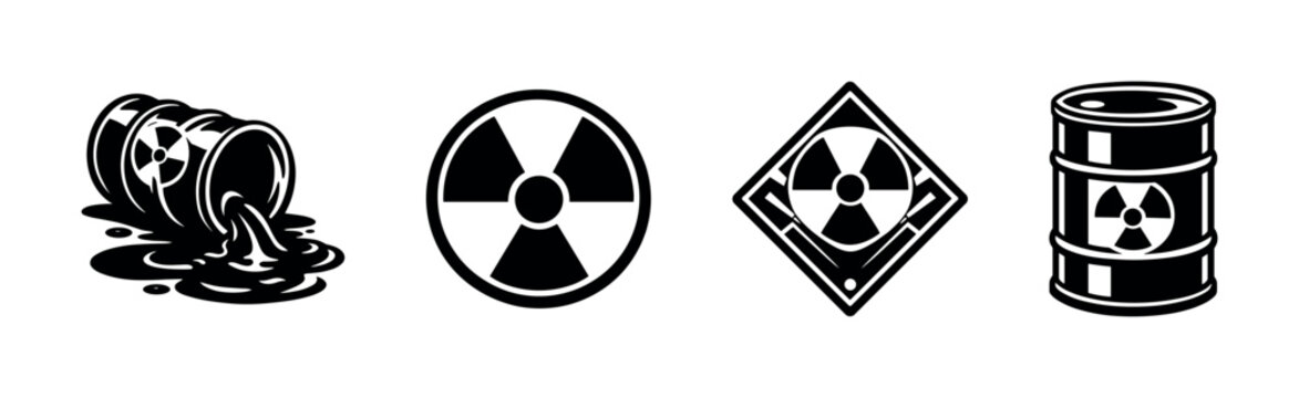 Nuclear hazard symbols and barrels vector illustration, black and white radioactive warning elements