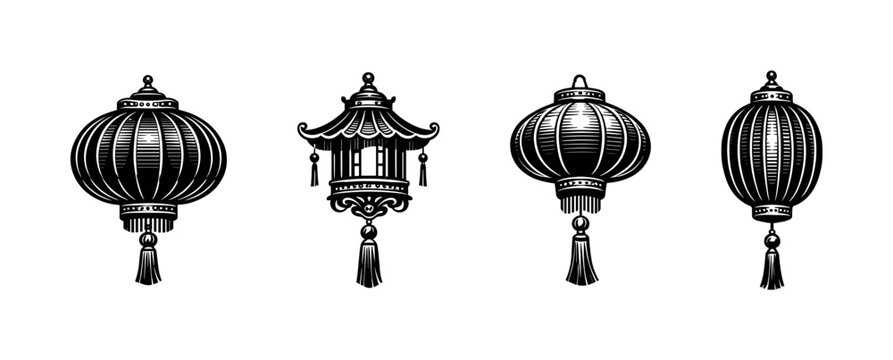 Vintage asian lantern illustration set silhouette chinese and japanese style vector elements