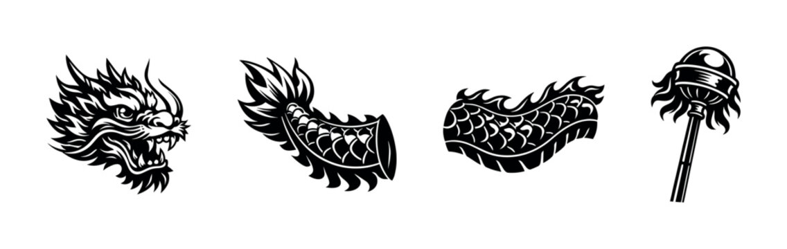 Dragon head, tail, and drum tattoo elements black and white vector silhouette illustration