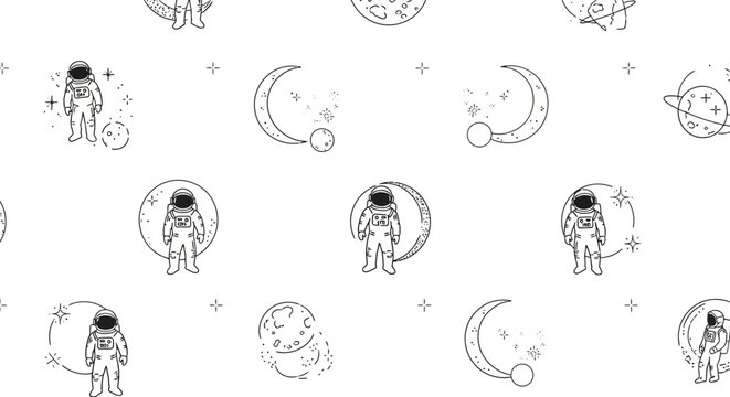 astronaut exploring space with moon and stars seamless pattern space travel concept