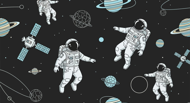 astronauts floating in outer space with planets and satellites outer space exploration pattern