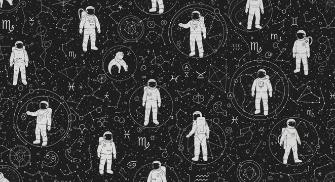 astronauts exploring constellations and zodiac signs in outer space celestial pattern