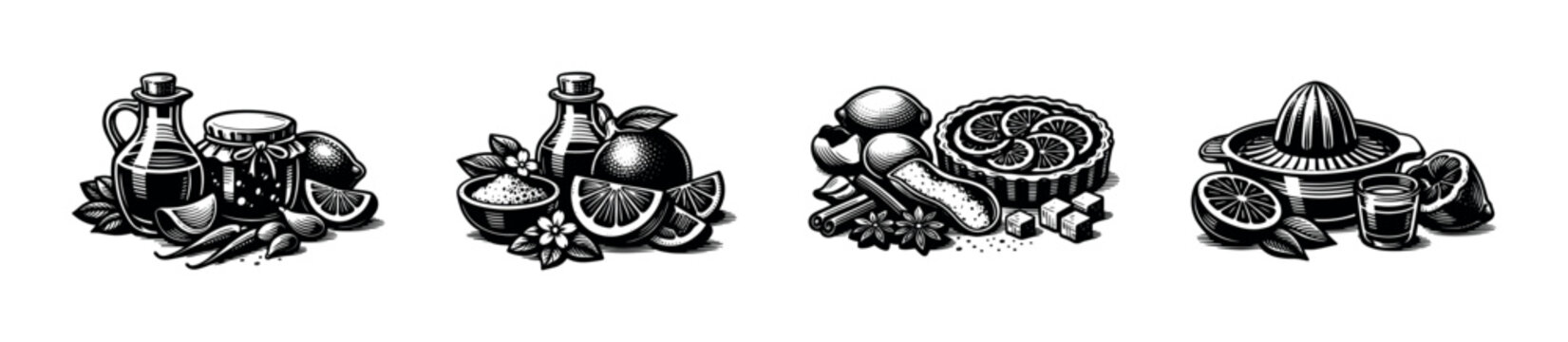 Black and white vector illustrations of citrus fruits and culinary elements with juicer and dessert