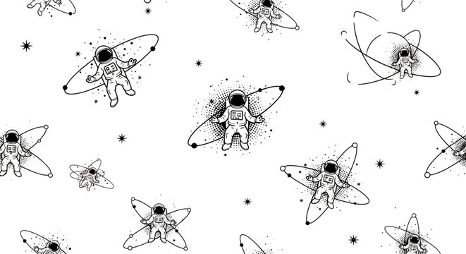 astronauts floating in space with planets and stars seamless pattern for kids