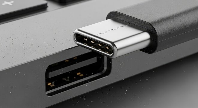 Detail shot of silver usb type c connector cable plugging into port on black device frame.