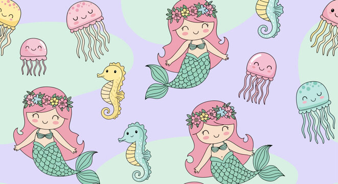mermaid seamless pattern featuring cute underwater sea creatures jellyfish and seahorses on a whimsical pastel background for kids.