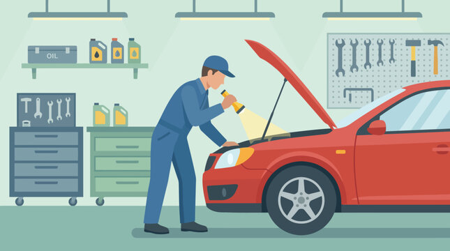 Mechanic checking car engine in garage.