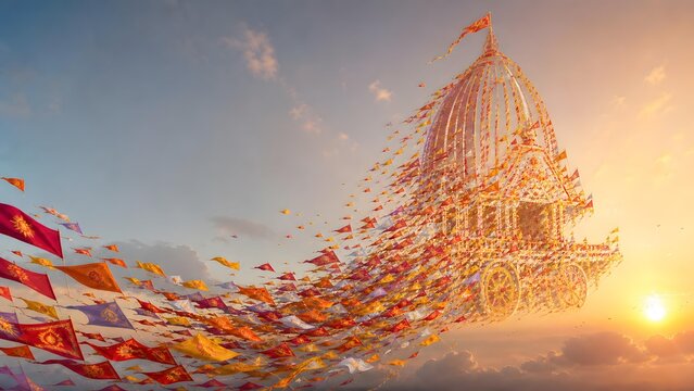 Rath Yatra Chariot Illustration with Flowing Festival Flags for Indian Celebration Banner Background
